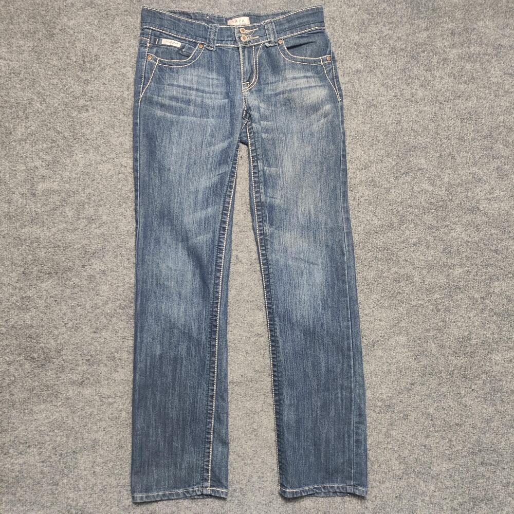 SAZA Jeans Juniors 7 Blue Medium Wash Low Rise Straight Rhinestone Stretch Denim
